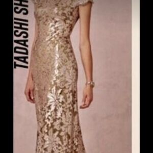 Tadashi Shoji Odette Sequins Lace Off the Shoulder Gown Rose Gold